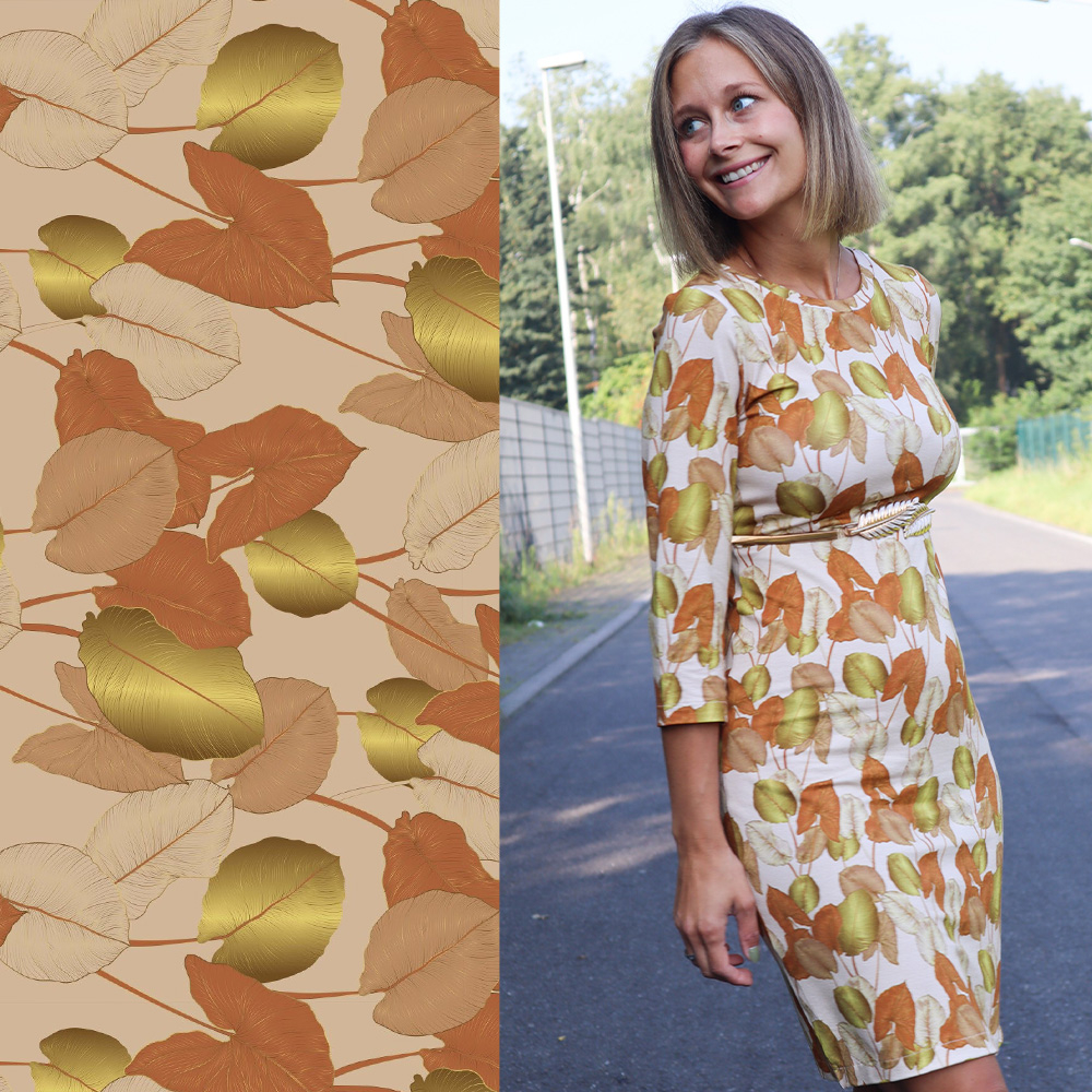 Blätter auf beige, Digitaldruck auf Viskosejersey