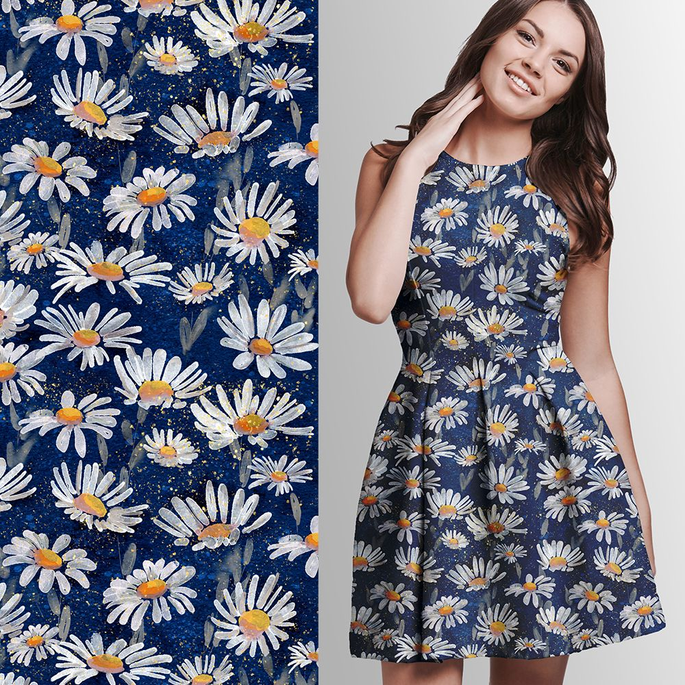 Stoff, blau, gelb, weiß, French Terry, Sweatstoff, Eigenproduktion von Graustufen-Stoffe, Blumen, Margariten, floral