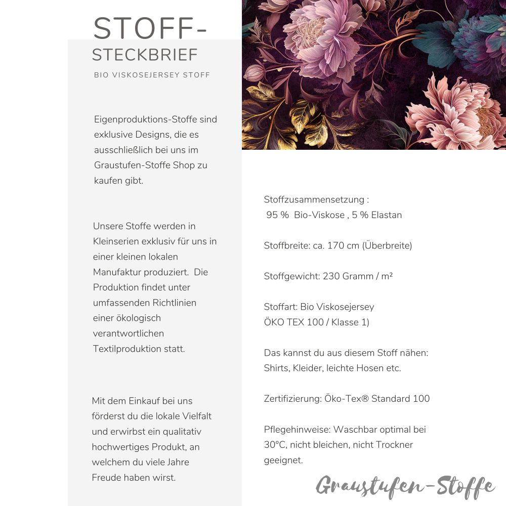 Viskosejersey  Eigenproduktion "Golden Peonies" - von Graustufen-Stoffe