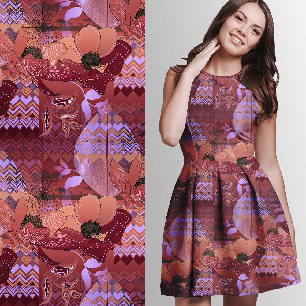 Eigenproduktion "Bohemian Dreams" von Graustufen-Stoffe auf Baumwolljersey, Jersey Boho Stoff, orange, rot