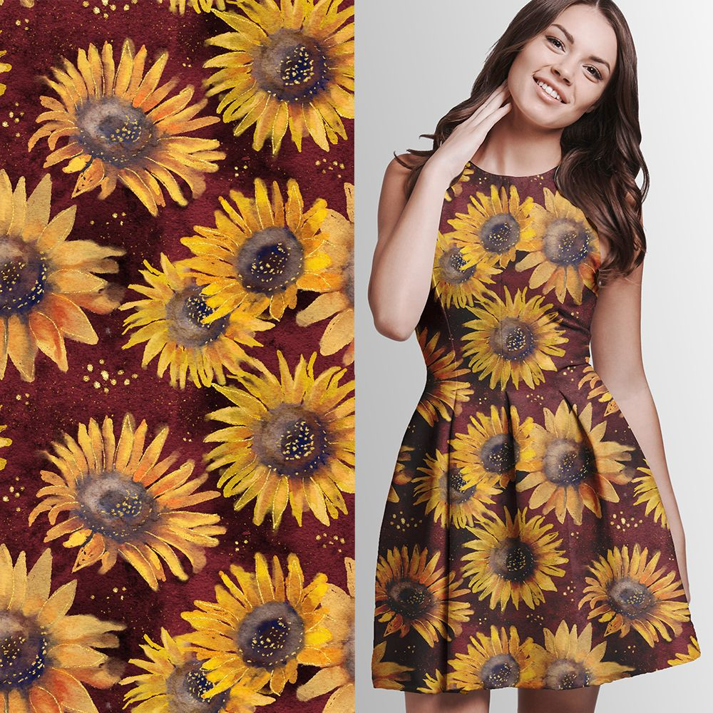 French Terry in  rot, mit goldgelben Blumen, Sonnenblumen, Eigenproduktion von Graustufen-Stoffe