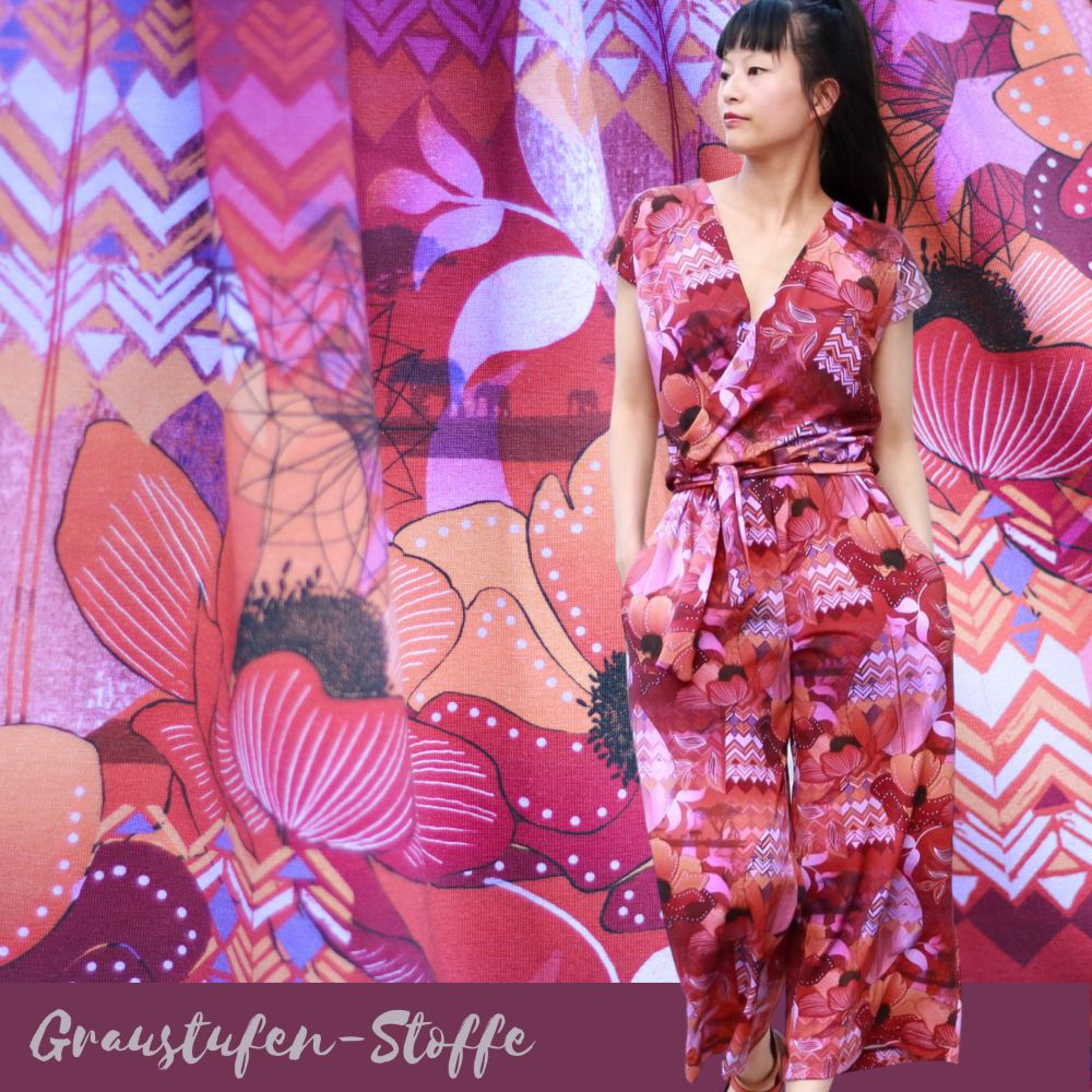 Eigenproduktion "Bohemian Dreams" von Graustufen-Stoffe auf Baumwolljersey, Jersey Boho Stoff, orange, rot