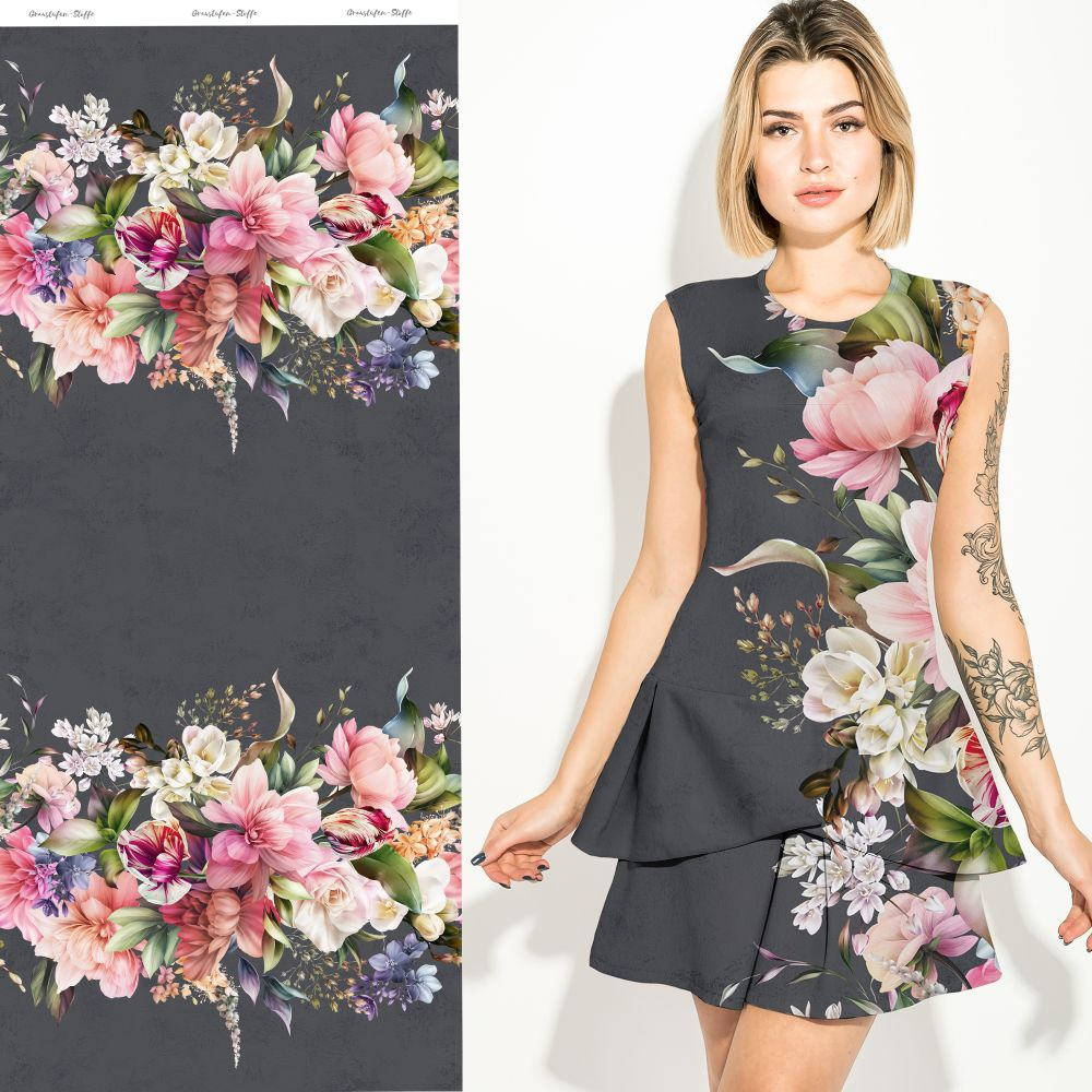 Viskosejersey  Bordüre Eigenproduktion "Flower Explosion grey" - von Graustufen-Stoffe