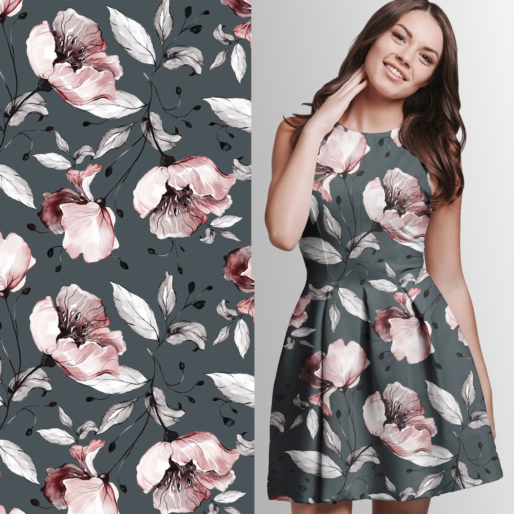Reststück 130 cm, Viskosejersey  Eigenproduktion "Vintage Flowers 2023 - DimGrey" - von Graustufen-Stoffe