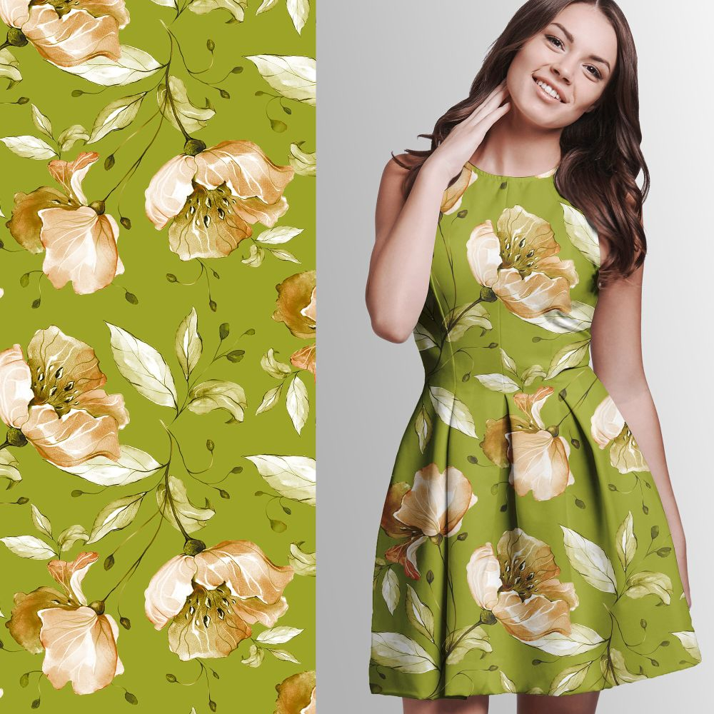 Viskosejersey  Eigenproduktion "Vintage Flowers 2023 -WildPistachio" - von Graustufen-Stoffe