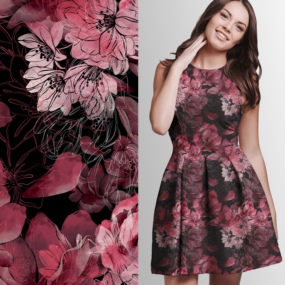 Baumwolljersey  Eigenproduktion "Fleur spring / summer 2023 red " - von Graustufen-Stoffe