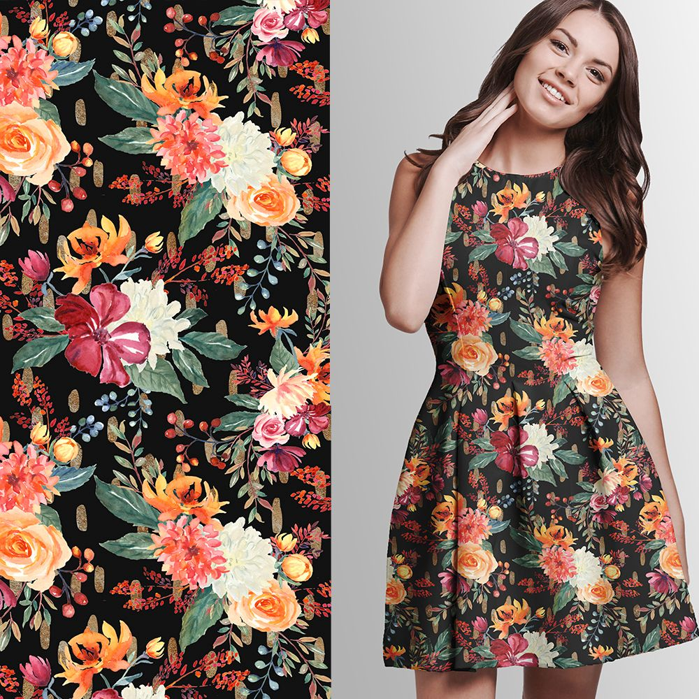 Reststück 280 cm, French Terry Sweatstoff Eigenproduktion: Magic Flowers (black) von Graustufen-Stoffe