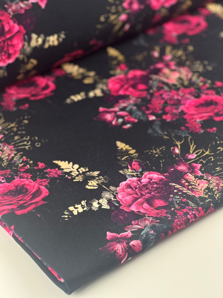 French Terry: Eigenproduktion "Flowers of the Night " von Graustufen-Stoffe