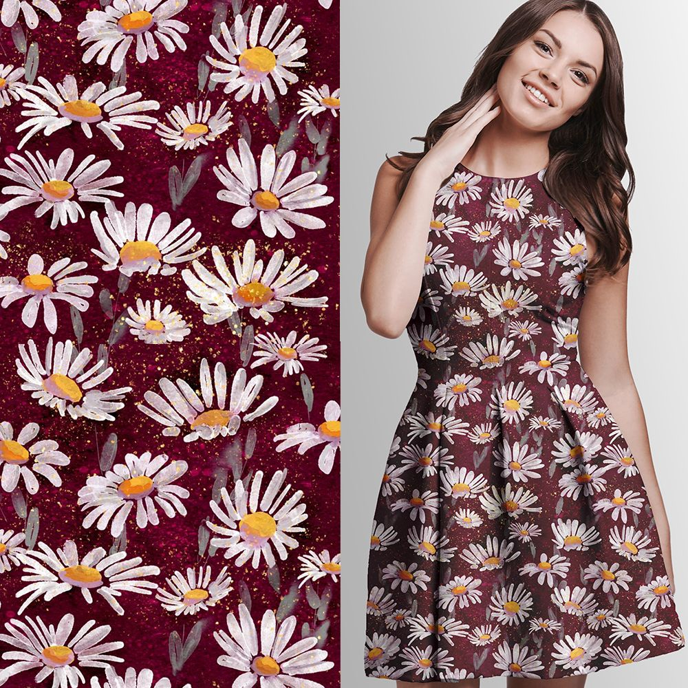 Reststück 170 cm, Stoff, dunkelrot, French Terry, Sweatstoff, Eigenproduktion von Graustufen-Stoffe, Blumen, Margariten, floral