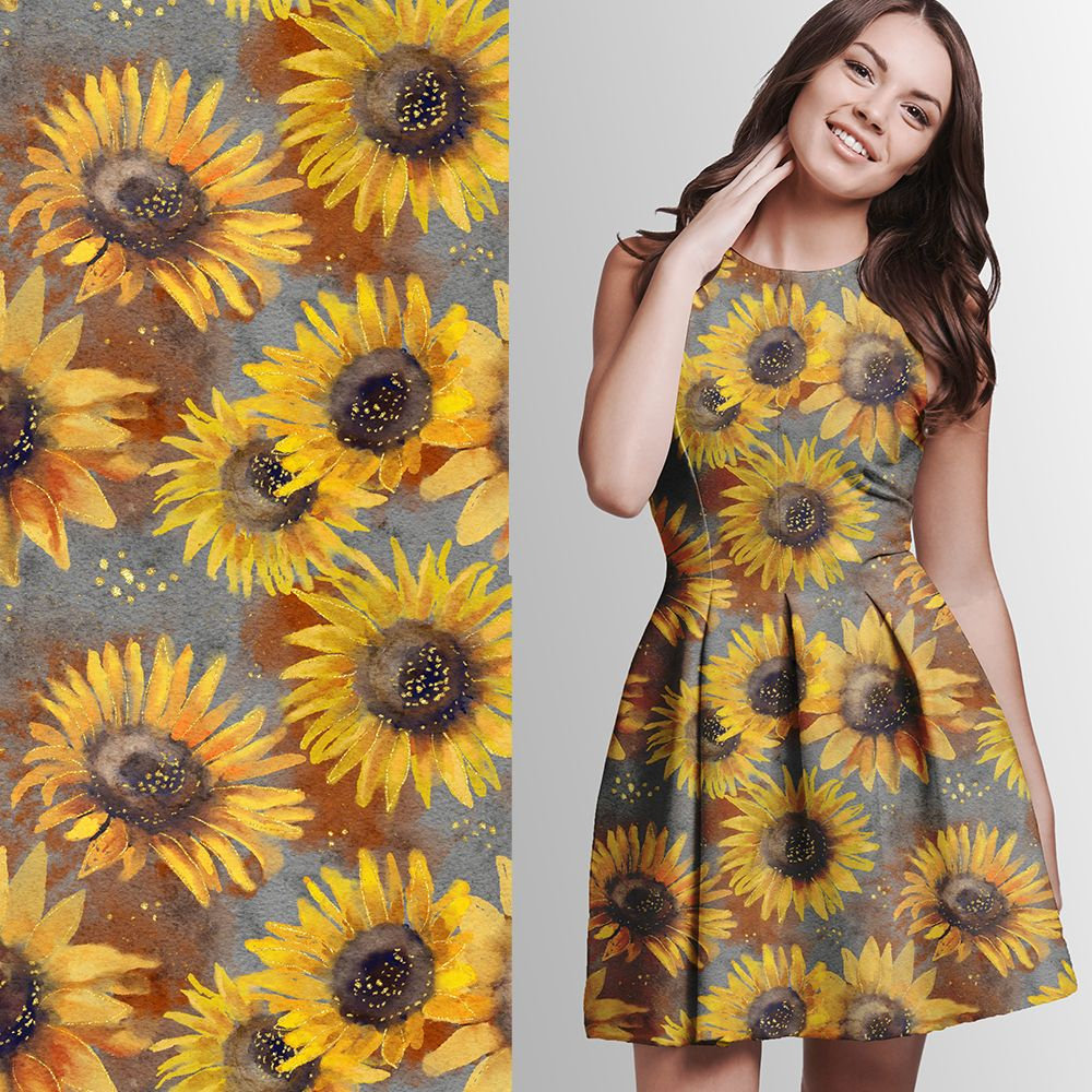 French Terry Stoff, gelbe Sonnenblumen auf grau-blauen Aquarell Hintergrund