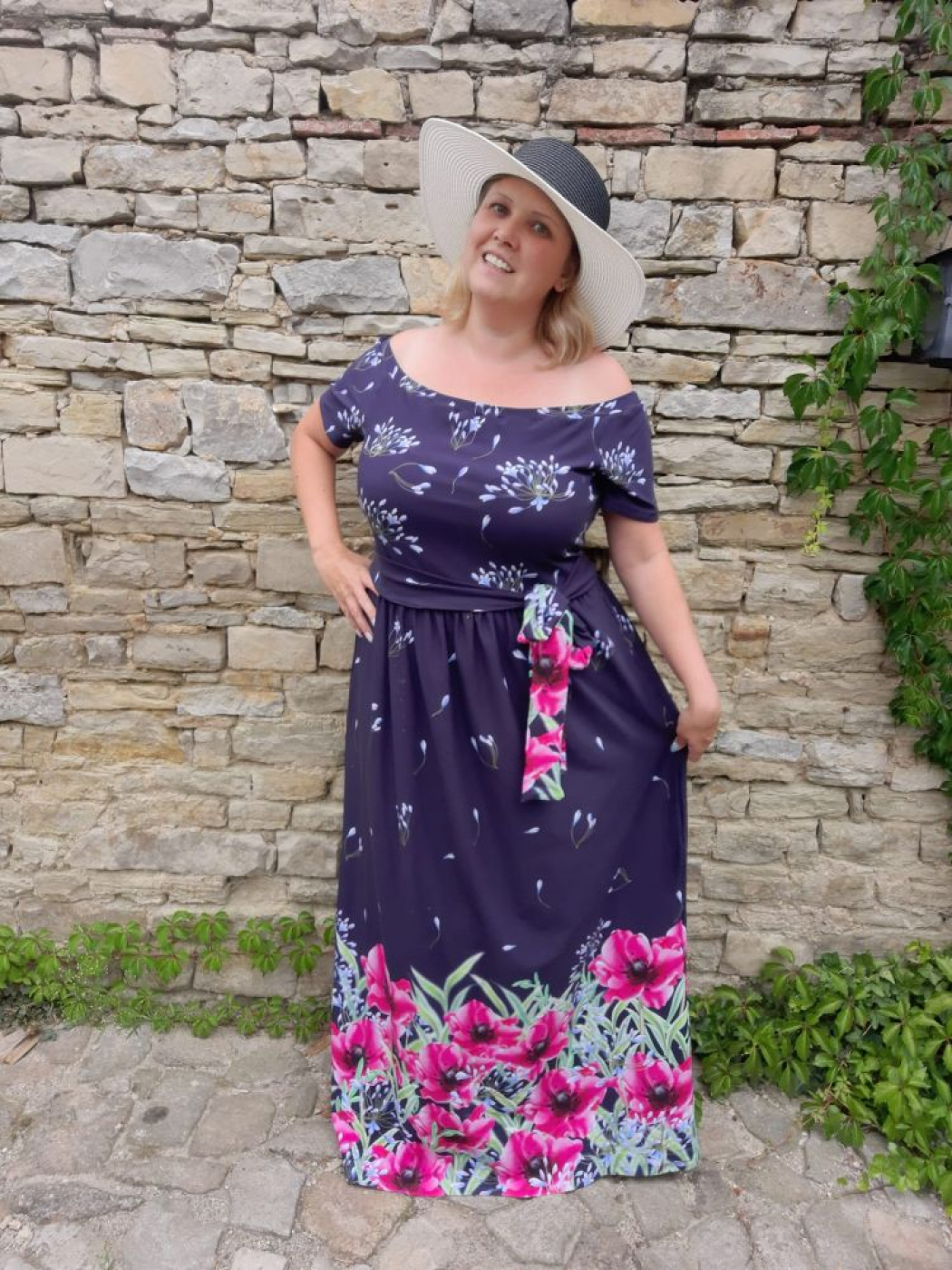 Bordüren Jersey Stoff in blau fuchsia
