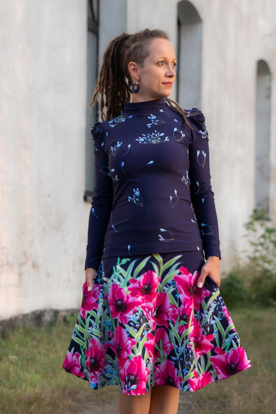 Bordüren Jersey Stoff in blau fuchsia