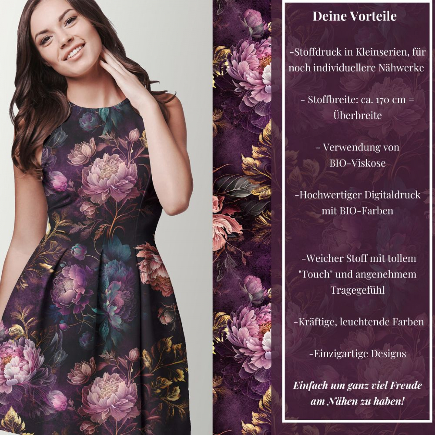 Viskosejersey  Eigenproduktion "Golden Peonies" - von Graustufen-Stoffe