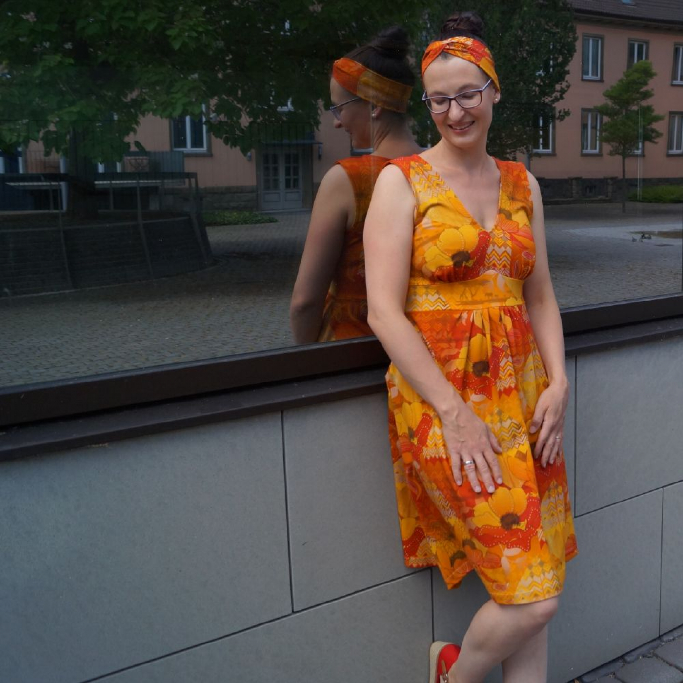 Eigenproduktion "Bohemian Summer" von Graustufen-Stoffe auf Baumwolljersey, Jersey Boho Stoff, orange, gelb