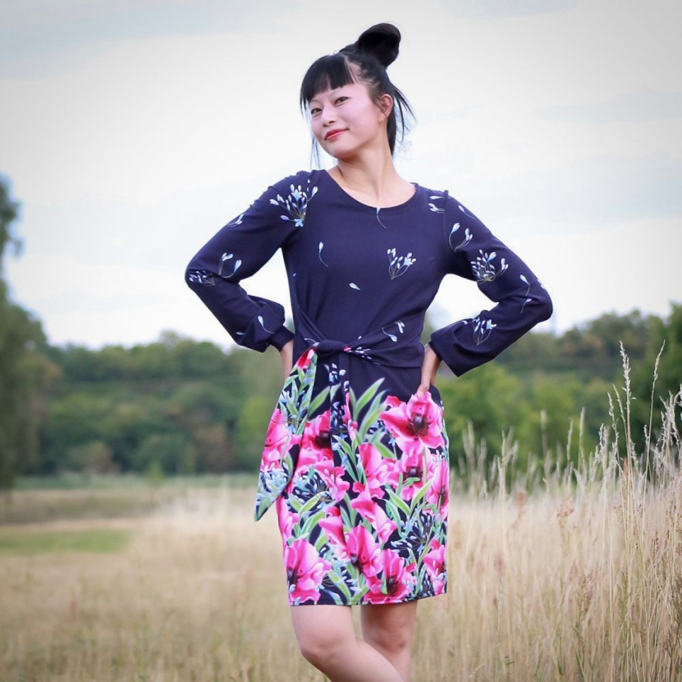 Bordüren Jersey Stoff in blau fuchsia
