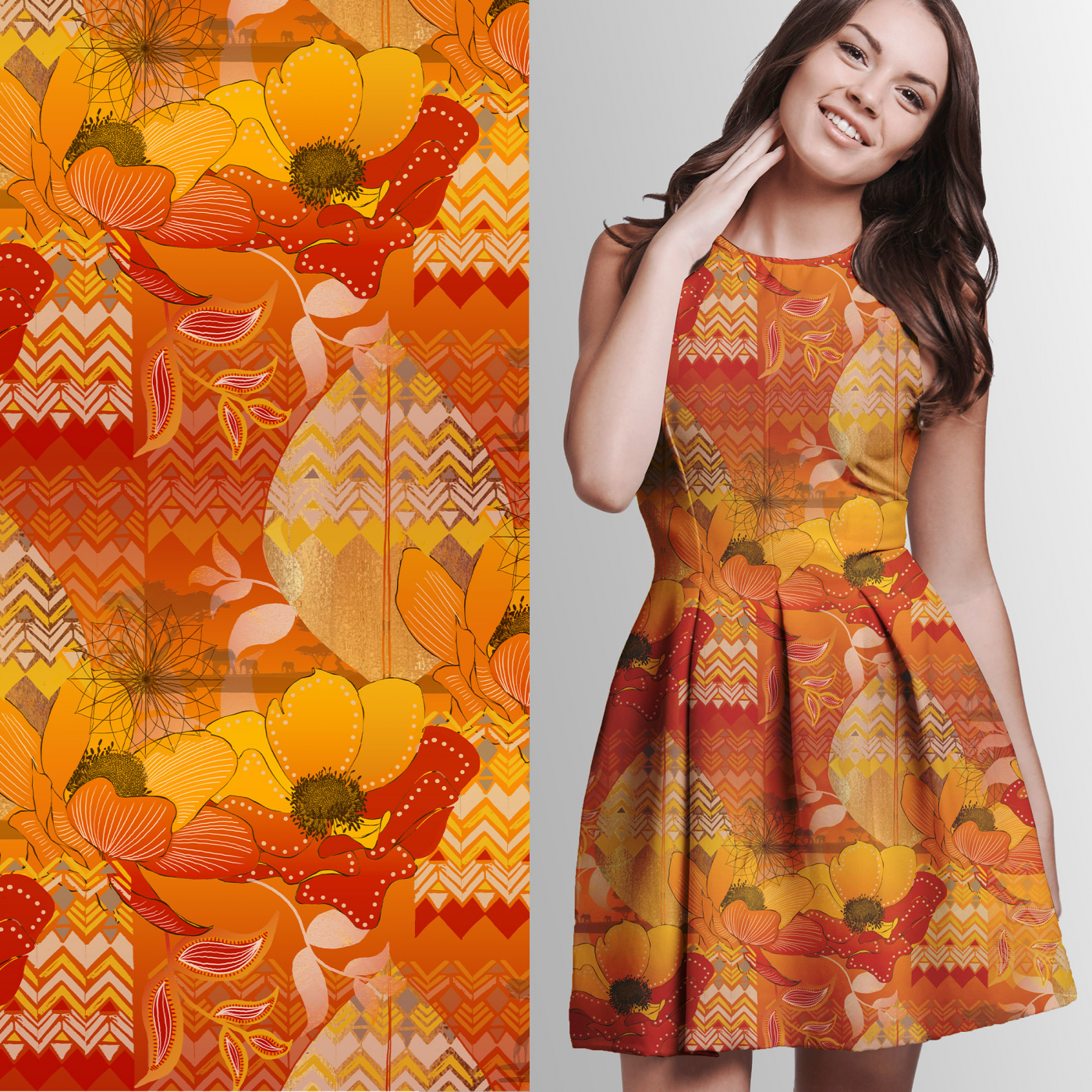 Eigenproduktion "Bohemian Summer" von Graustufen-Stoffe auf Baumwolljersey, Jersey Boho Stoff, orange, gelb