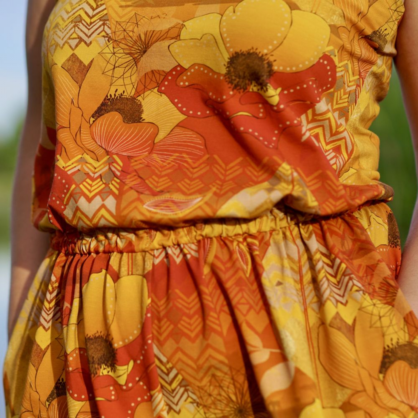 Eigenproduktion "Bohemian Summer" von Graustufen-Stoffe auf Baumwolljersey, Jersey Boho Stoff, orange, gelb