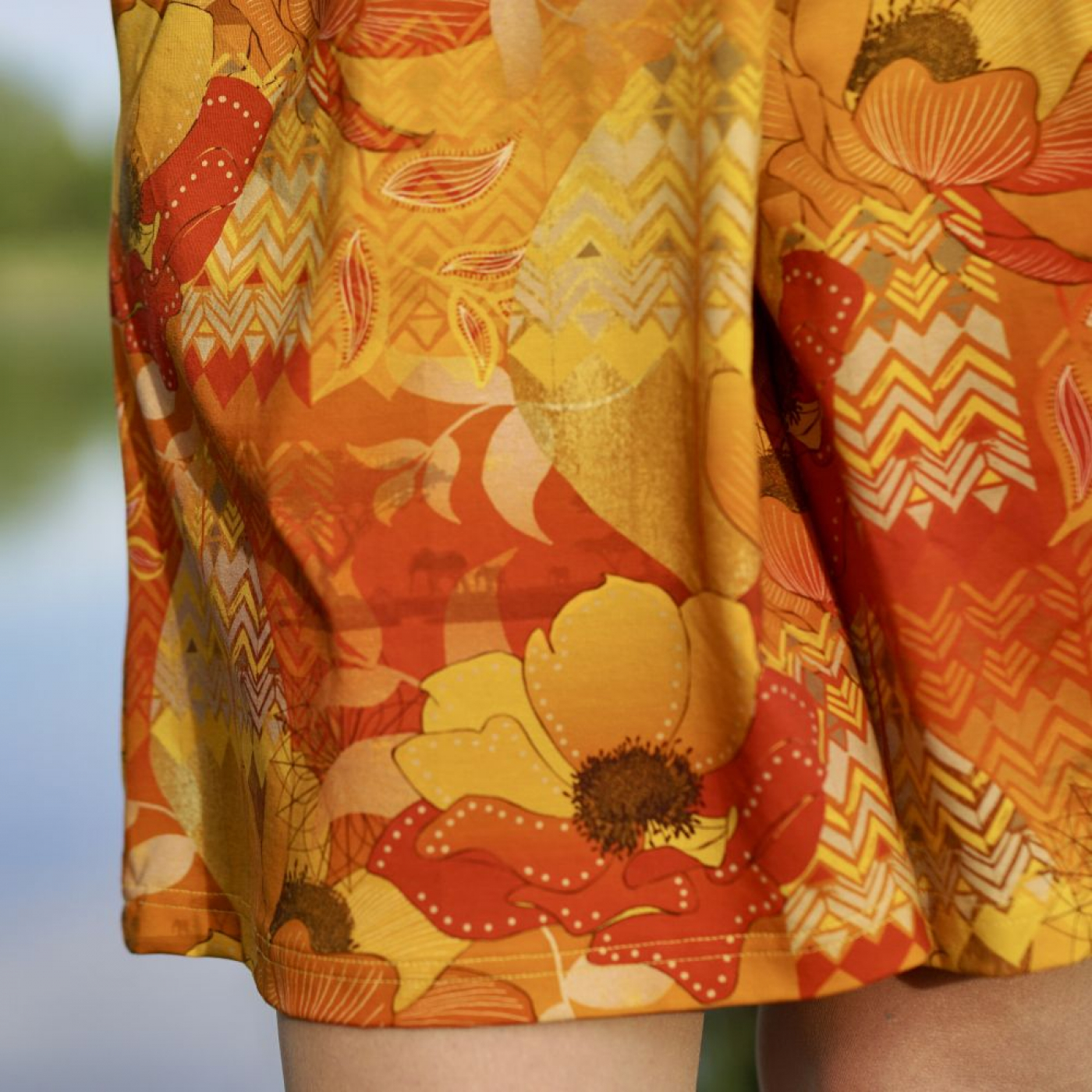 Eigenproduktion "Bohemian Summer" von Graustufen-Stoffe auf Baumwolljersey, Jersey Boho Stoff, orange, gelb