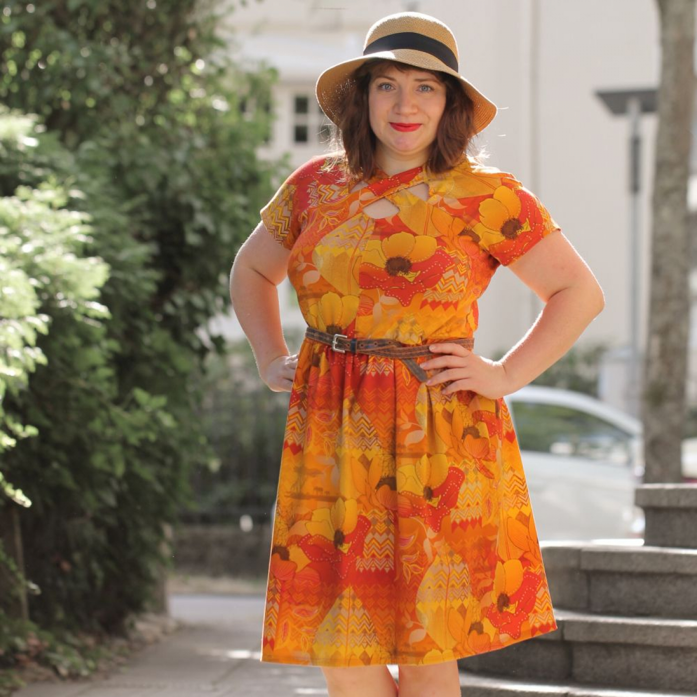 Eigenproduktion "Bohemian Summer" von Graustufen-Stoffe auf Baumwolljersey, Jersey Boho Stoff, orange, gelb