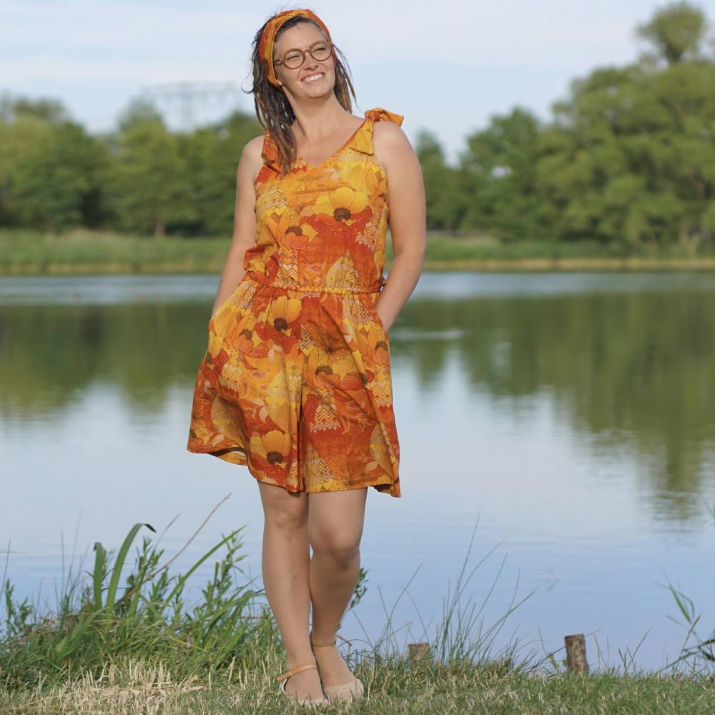 Eigenproduktion "Bohemian Summer" von Graustufen-Stoffe auf Baumwolljersey, Jersey Boho Stoff, orange, gelb