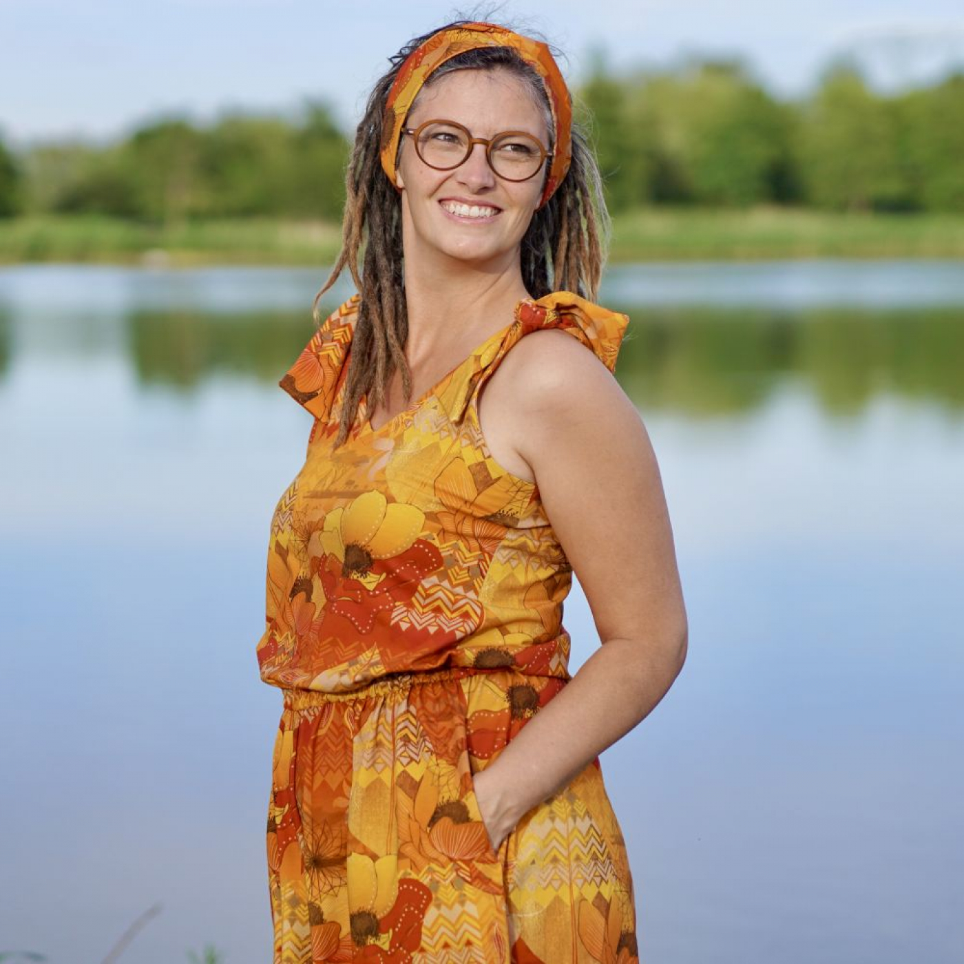 Eigenproduktion "Bohemian Summer" von Graustufen-Stoffe auf Baumwolljersey, Jersey Boho Stoff, orange, gelb