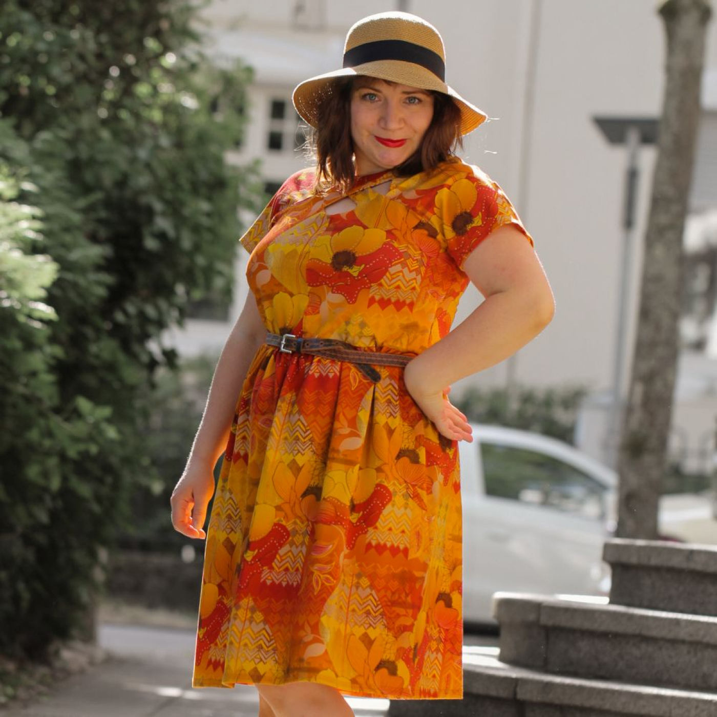 Eigenproduktion "Bohemian Summer" von Graustufen-Stoffe auf Baumwolljersey, Jersey Boho Stoff, orange, gelb