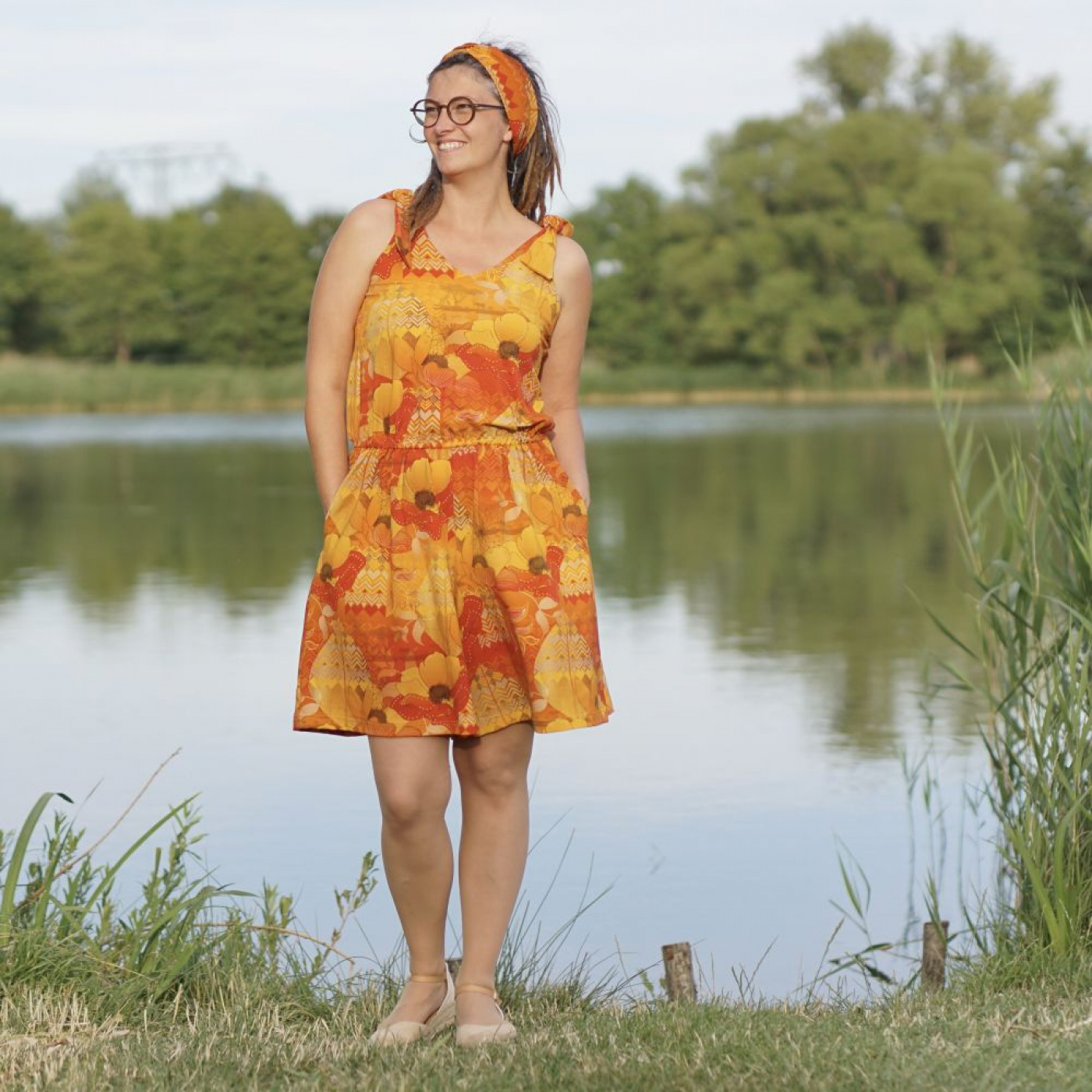 Eigenproduktion "Bohemian Summer" von Graustufen-Stoffe auf Baumwolljersey, Jersey Boho Stoff, orange, gelb