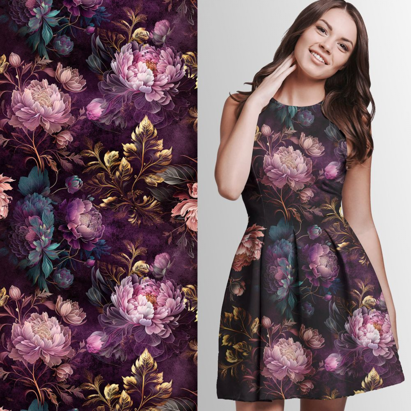 Viskosejersey  Eigenproduktion "Golden Peonies" - von Graustufen-Stoffe