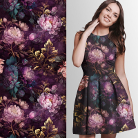 Viskosejersey  Eigenproduktion "Golden Peonies" - von Graustufen-Stoffe